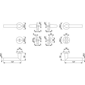 Technische Zeichnung: Hoppe Rosetten Garnitur Amsterdam WC, Edelstahl, Maße und Details.