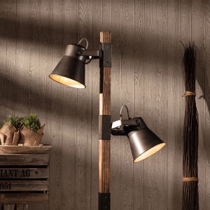 Brilliant Standleuchte Plow, 2-flammig, schwarz, aus Stahl und Holz. Design-Stehlampe für Innenräume.