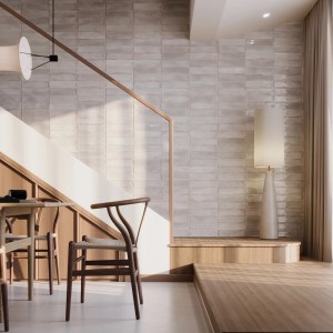 Wandfliese Antik Steingut Weiß Glänzend (7,5x30cm) im Raum mit Treppe und Lampe.