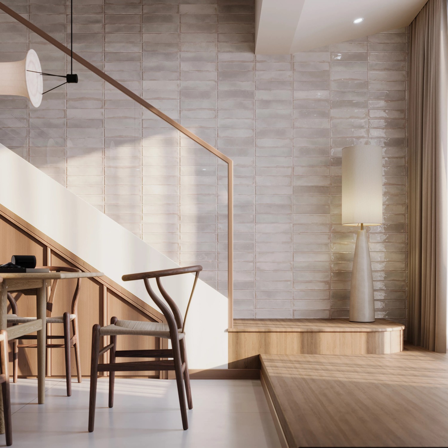 Wandfliese Antik Steingut Weiß Glänzend (7,5x30cm) im Raum mit Treppe und Lampe.