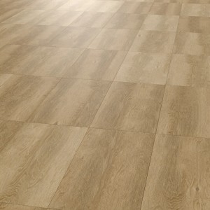 Verlegte, matte Feinsteinzeug Bodenfliese Solio Beige in Holzoptik, 59,8x59,8 cm.