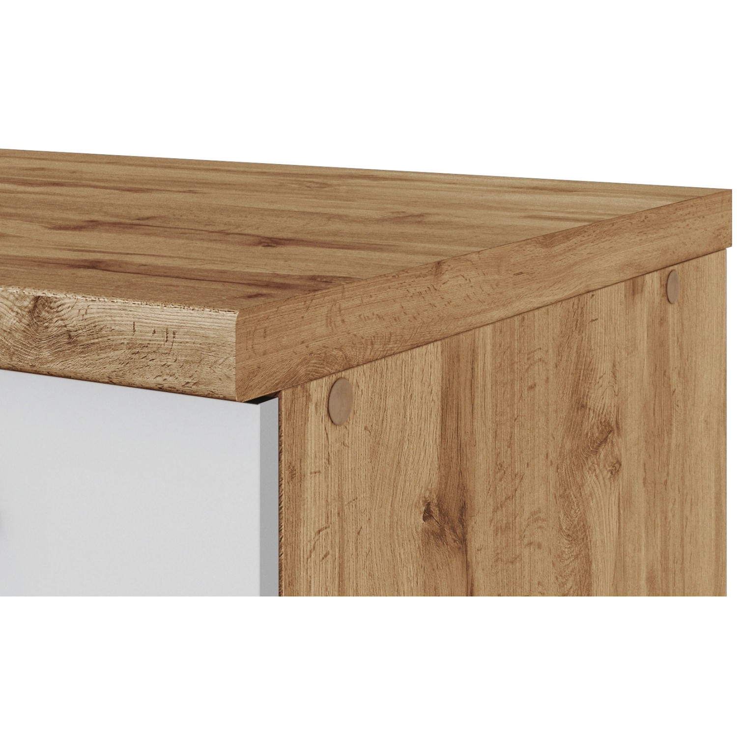 Detailaufnahme: Held Möbel Eckunterschrank Sorrento, weiße Tür, Holzoptik. Küchen-Eckschrank.