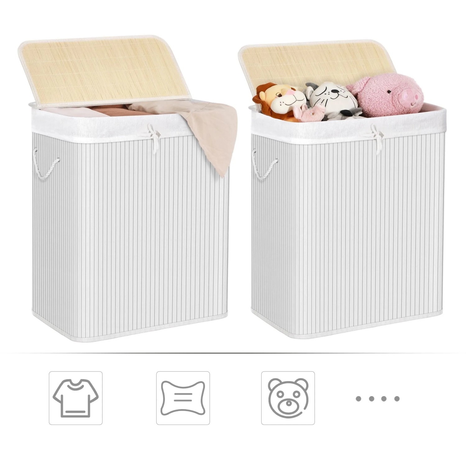 Songmics Wäschesammler Ronex, 100 l, weiß, mit 2 Fächern und Bambusdeckel.