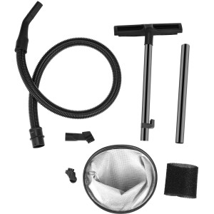 Zubehör-Set für Atrox Nass- und Trockensauger: Schlauch, Düsen, Saugrohre, Filterbeutel, Schaumstofffilter.