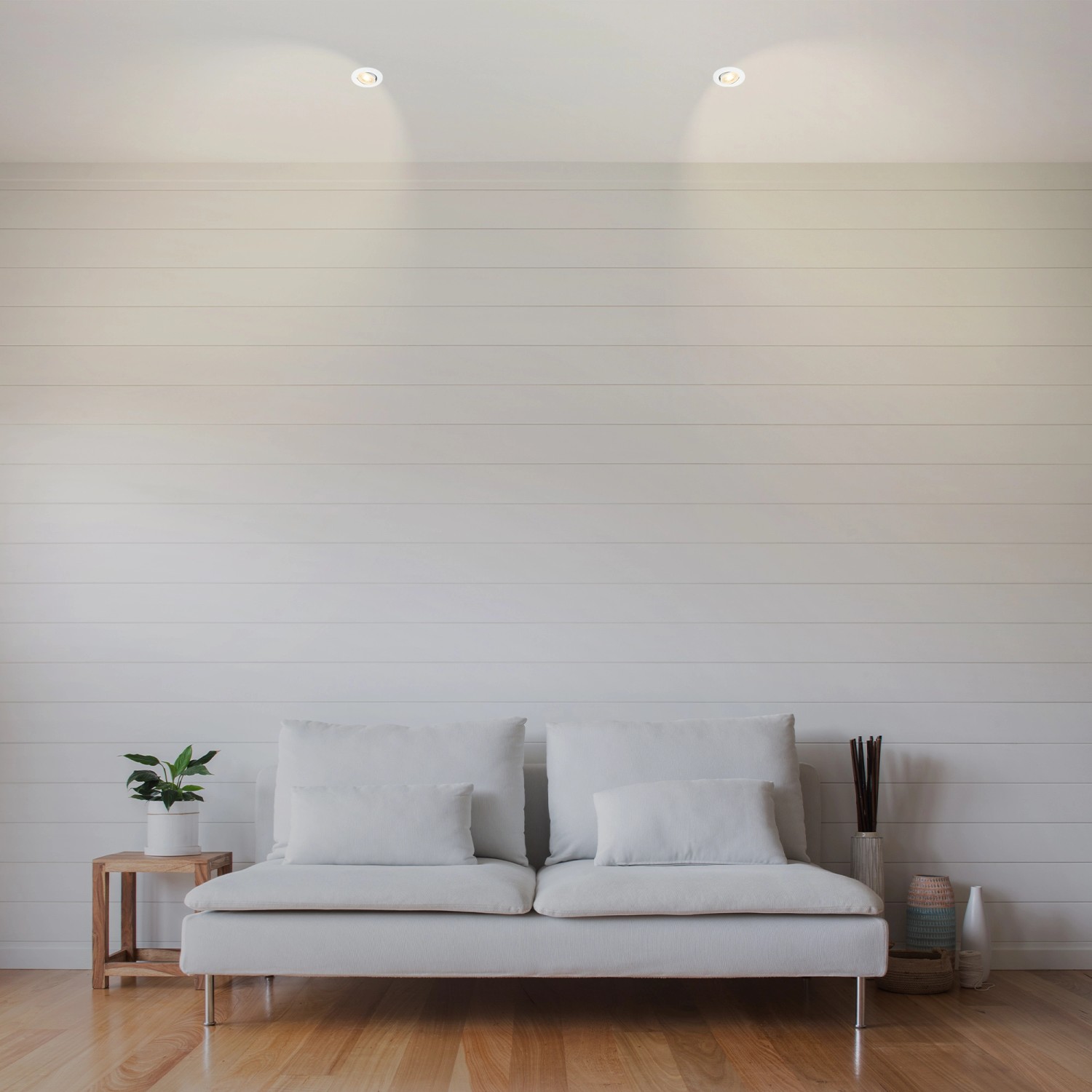 Wohnraum mit Brilo LED-Einbauleuchten Besi, 2er-Set, warmweiß, in weißer Decke.