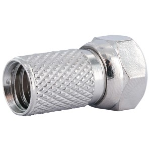 Silberner F-Stecker 8mm für Koaxialkabel. Gerändelt, mit großer sechskantiger Mutter für Antennenanschluss.