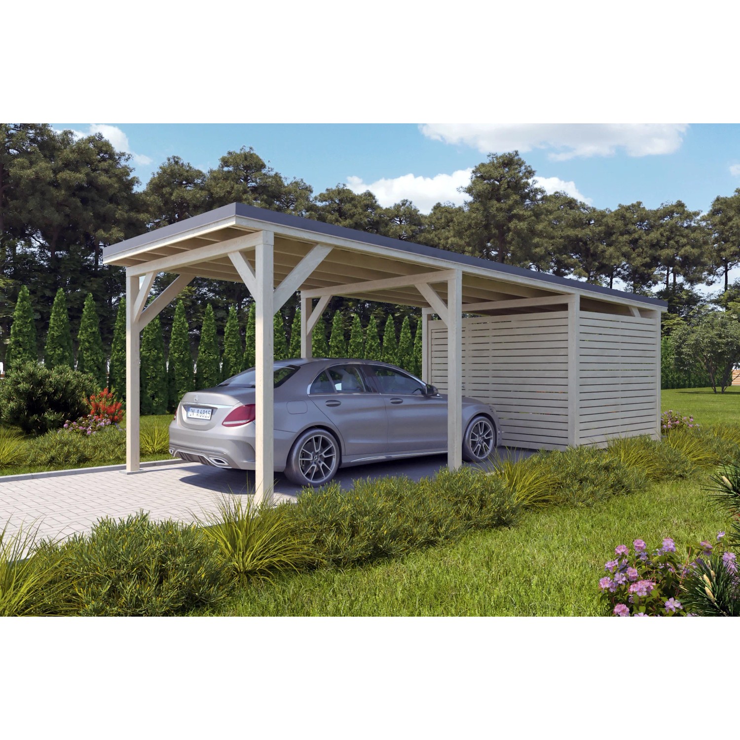 Holzbrüder Carport Ralf mit Geräteraum, imprägniert, dunkelgraues Dach, Auto steht im Carport.