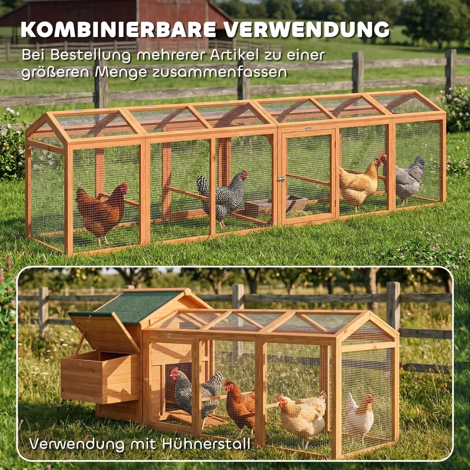 PawHut Hühnergehege aus Tannenholz mit Drahtgeflecht, modular erweiterbar, für Hühner im Garten, auch mit Hühnerstall.