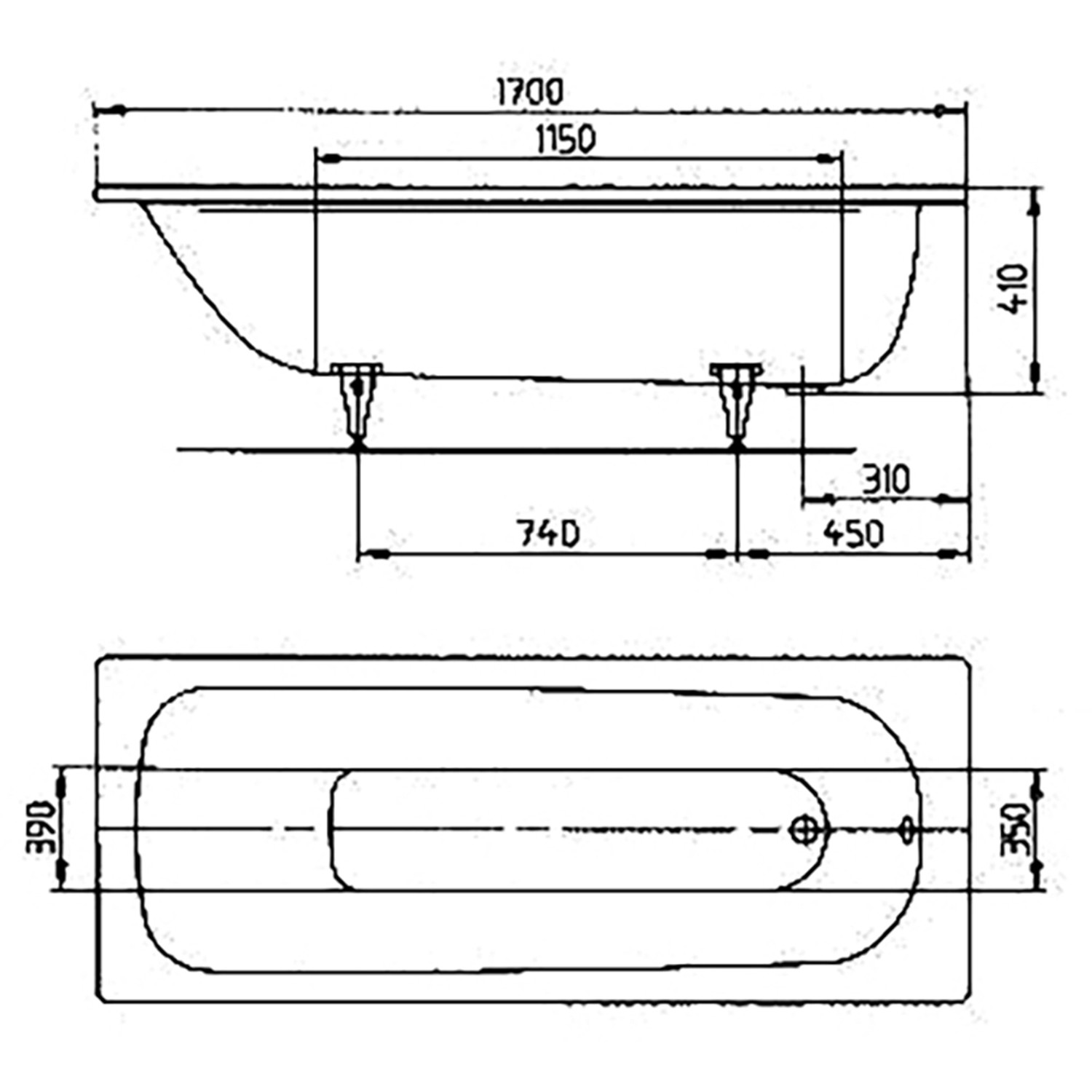 Technische Zeichnung Kaldewei Saniform Plus Rechteck-Badewanne 170x70 cm mit Maßangaben.