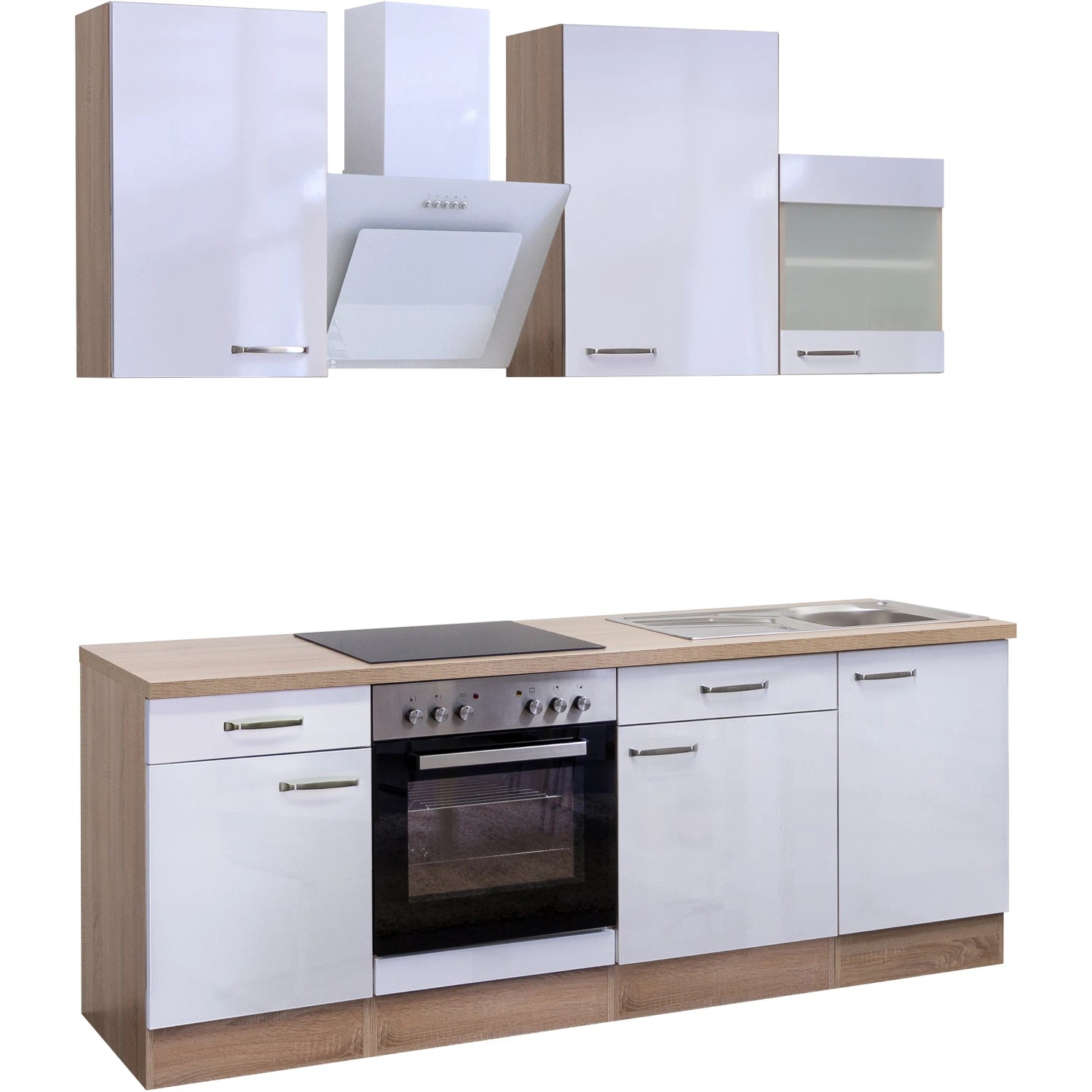 Küchenzeile Valero 220 cm in Weiß Hochglanz und Sonoma Eiche Optik mit E-Geräten.