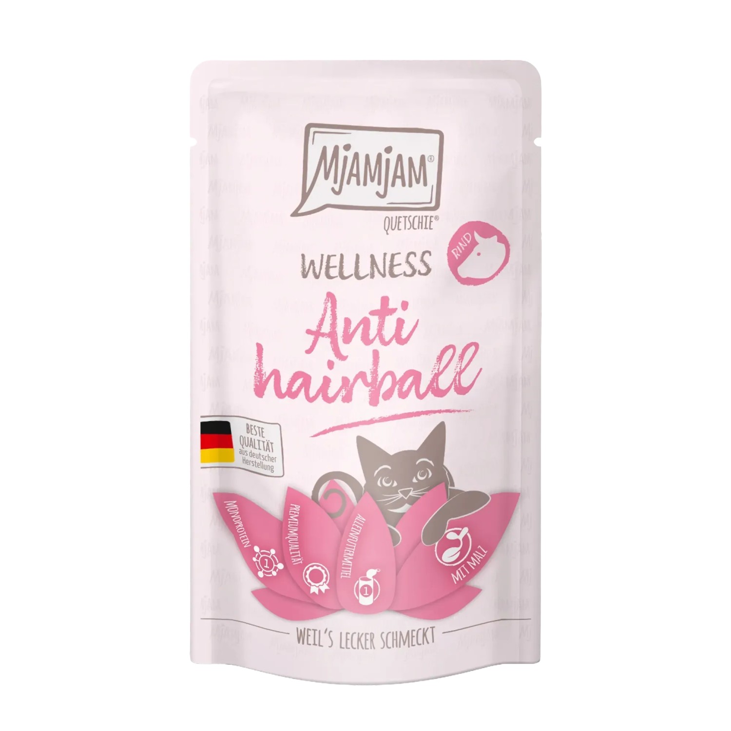 Mjamjam Katzen-Nassfutter Anti-Hairball Rind, 125g Packung. Wellness-Futter für Katzen.