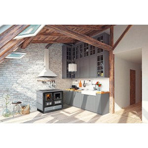 Justus Küchenofen Rustico 90 2.0 Speckstein Schwarz 7 kW in grauer Küche mit Esse