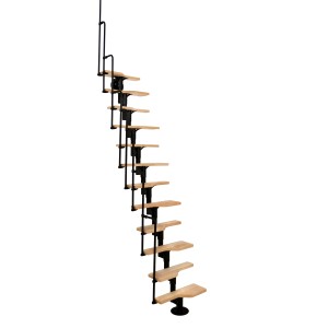 Minka Twister Mittelholmtreppe Buche, schwarz. Raumspartreppe mit Holzstufen und Stahlgeländer.