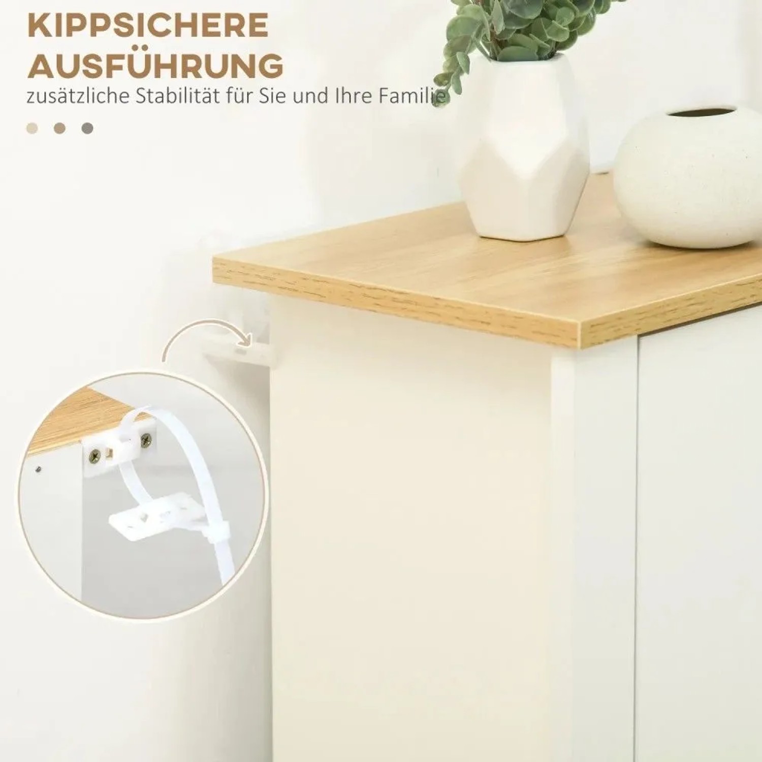 HOMCOM Schuhschrank weiß/Holzoptik mit Kippschutz. Detail der Sicherheitsbefestigung für stabile Schuhkommode.