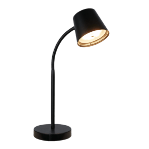 Schwarze Brilo Akku-Schreibtischlampe Biwo mit schwenkbarem Leuchtenkopf und Touchdimmer.