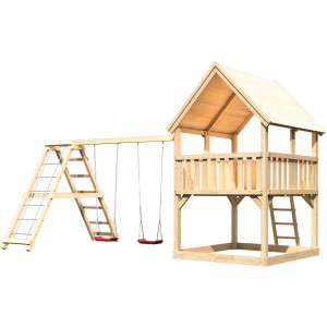 Karibu Spielturm Luis mit Doppelschaukel, Klettergerüst und Satteldach aus Holz.