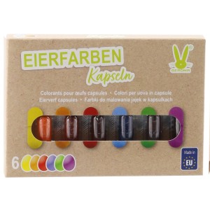 Eierfarben Kapseln: 6 Farben zum Ostereier färben (Gelb, Orange, Rot, Blau, Grün, Violett).