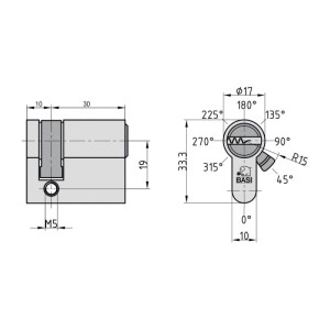 Technische Zeichnung Basi V55 Profil Halbzylinder 10/30 mm, verschiedene Maße und Winkel