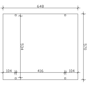 Technische Zeichnung des Skan Holz Carport Westerwald (570x648 cm) mit Maßangaben.