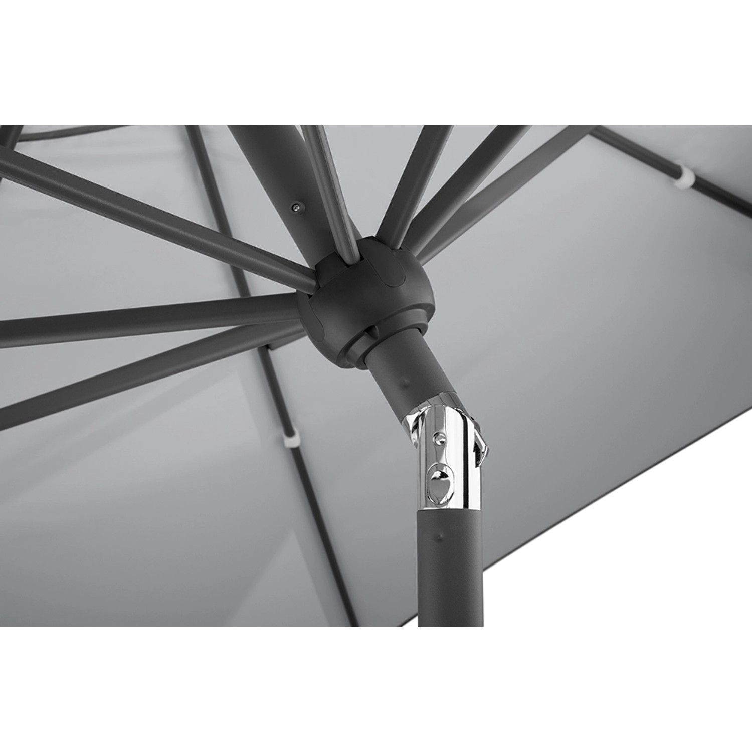 Detailaufnahme: Silbergrauer Schneider Marktschirm Ø 300 cm mit Knickfunktion, Blick von unten.