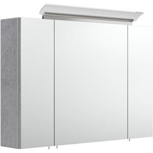 Posseik Spiegelschrank in Beton-Optik, 90 cm breit, mit Softclose-Türen und Aufsatzleuchte.