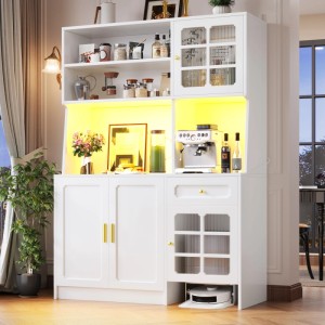 okwish Hochschrank mit Glastüren LED-Beleuchtung Küche 130x45x180cm Weiß