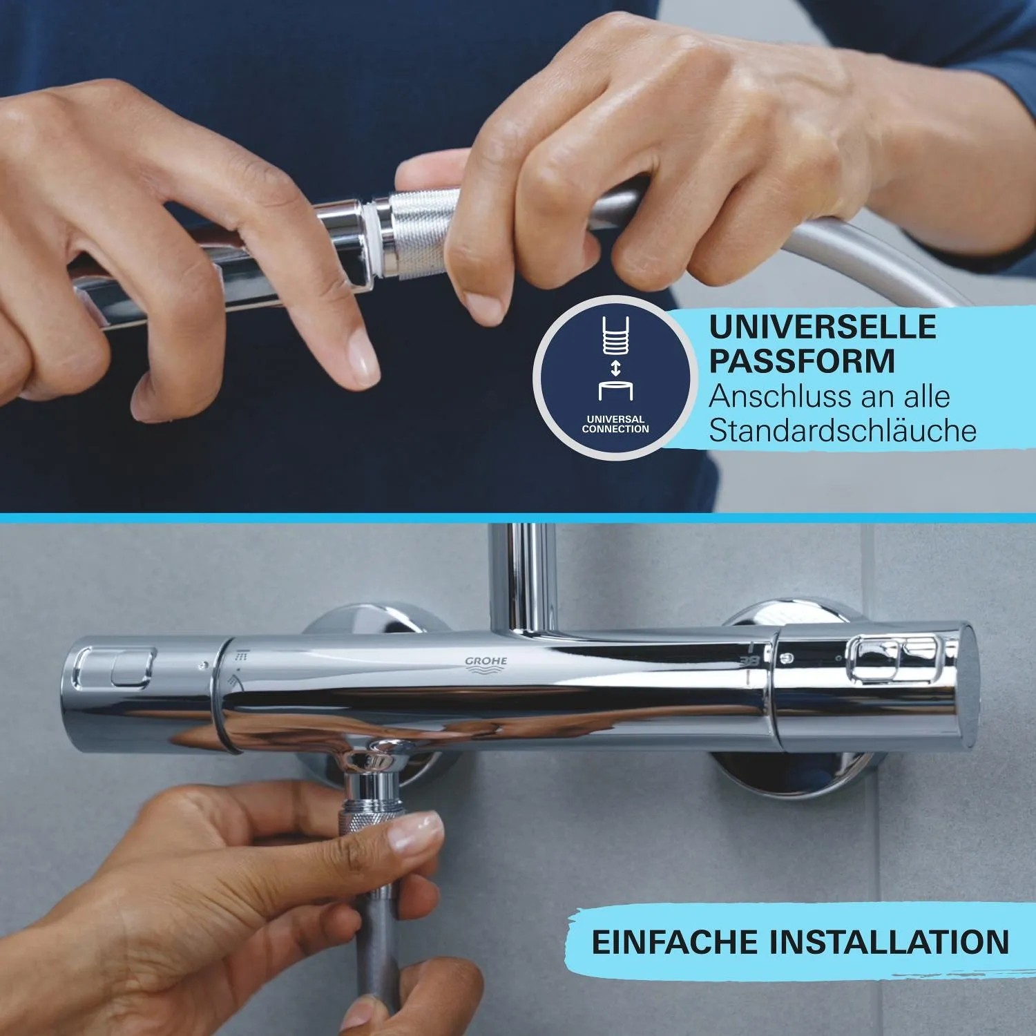 Installation der Grohe QuickFix Handdusche Vitalio SmartActive 130 Cube Chrom an Standard-Brauseschlauch.