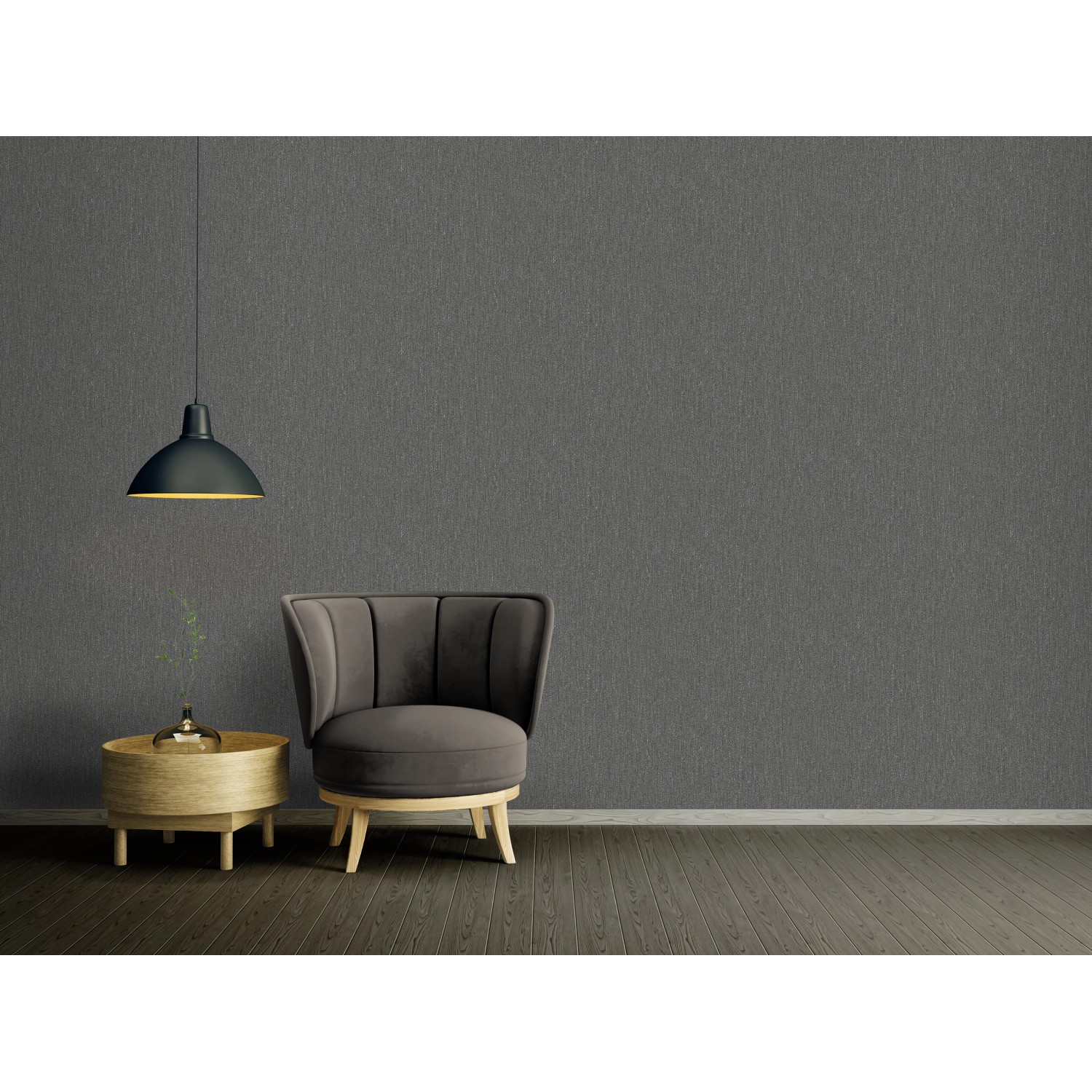 A.S. Création Vliestapete Uni in Schwarz-Grau an Wand mit Sessel und Lampe.