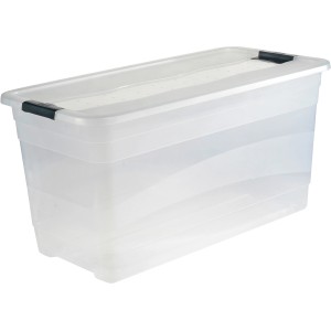 Transparente Keeeper Aufbewahrungsbox Cornelia, 83 Liter, mit Deckel und schwarzen Verschlüssen.