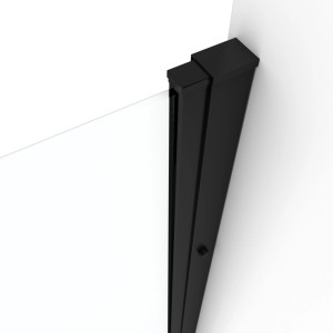 Detailaufnahme der schwarzen Aurlane Glasdusche Black Calm 90, zeigt die Ecke mit Profil und Glas.