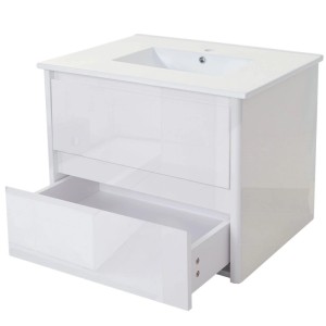 Weißer MCW Waschbeckenunterschrank (50x80cm) mit Keramik-Waschbecken und zwei Schubladen.