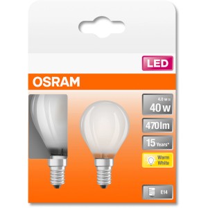 2er Set Osram E14 LED-Leuchtmittel in Tropfenform, 4W, 470lm, warmweiß, auf Verpackung.