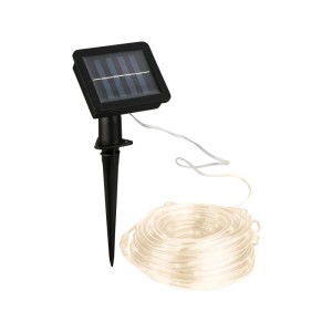 Brilo Solar LED Strip für Außen, 10m, warmweiß, mit Solarpanel und Erdspieß.