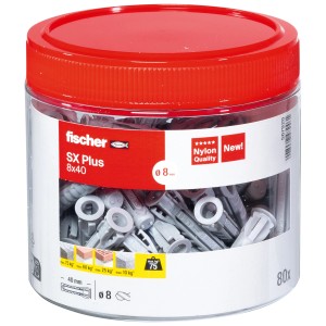 Dose mit 80 fischer Spreizdübeln SX Plus 8x40, geeignet für Beton und Mauerwerk.