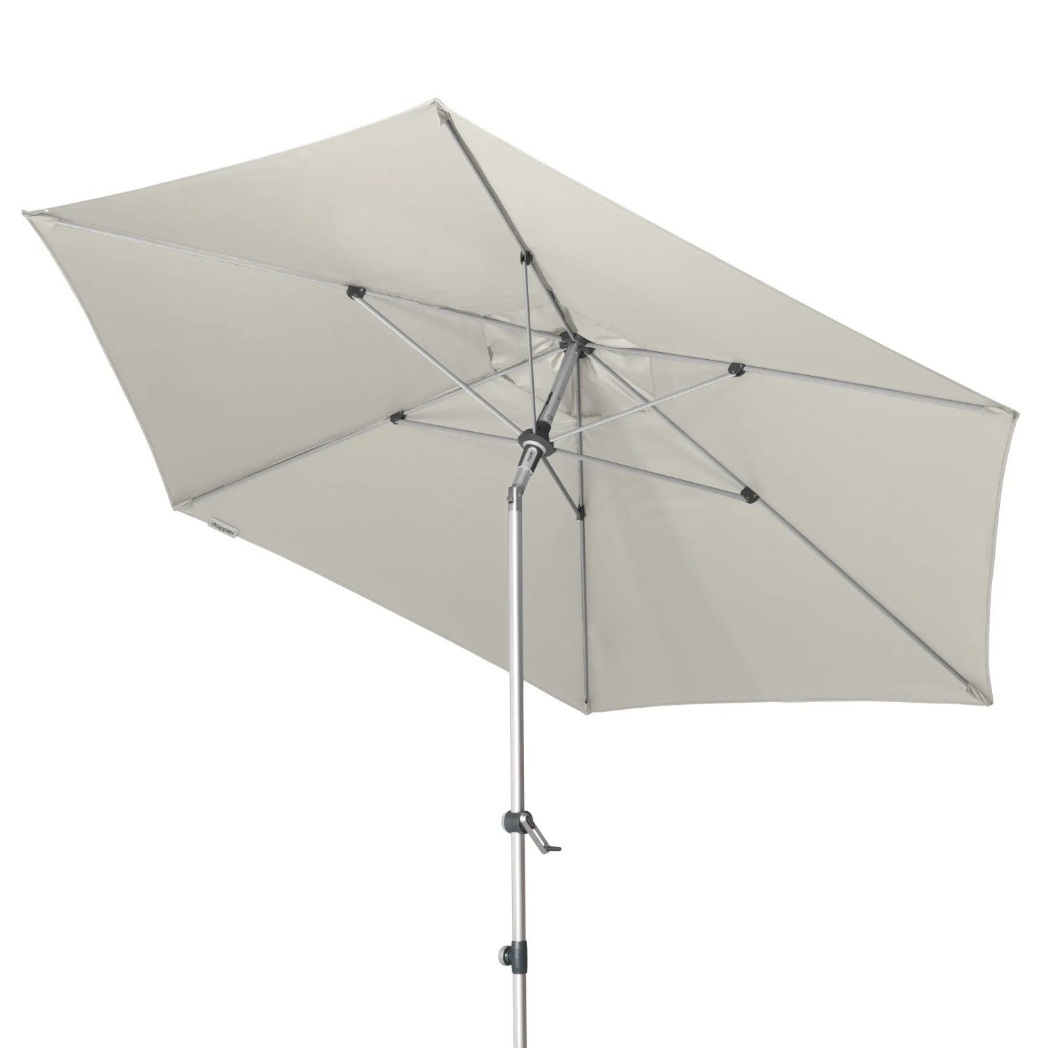 Grauer Doppler Marktschirm Expert, Ø 306 cm, mit Knickfunktion und Kurbelmechanismus.