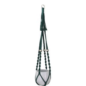 Dunkelgrüne Makramee Hängeampel aus Baumwolle, 80 cm, mit weißem Topf.