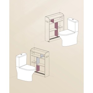Songmics Badezimmerschrank Siren, weiß, mit Schiebetüren und Regalfächern neben einer Toilette.