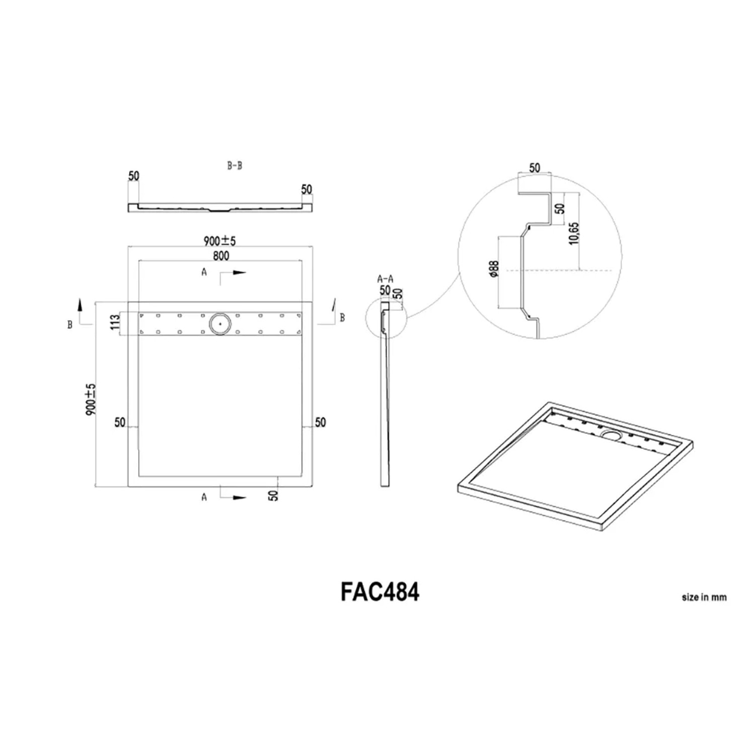 Technische Zeichnung der weißen baliv Duschtasse DW-90.130, 90x90x4 cm, mit Maßangaben.