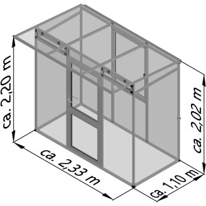 Abbildung des KGT Gewächshaus Linea Alu blank 2,56 m² mit Maßangaben.