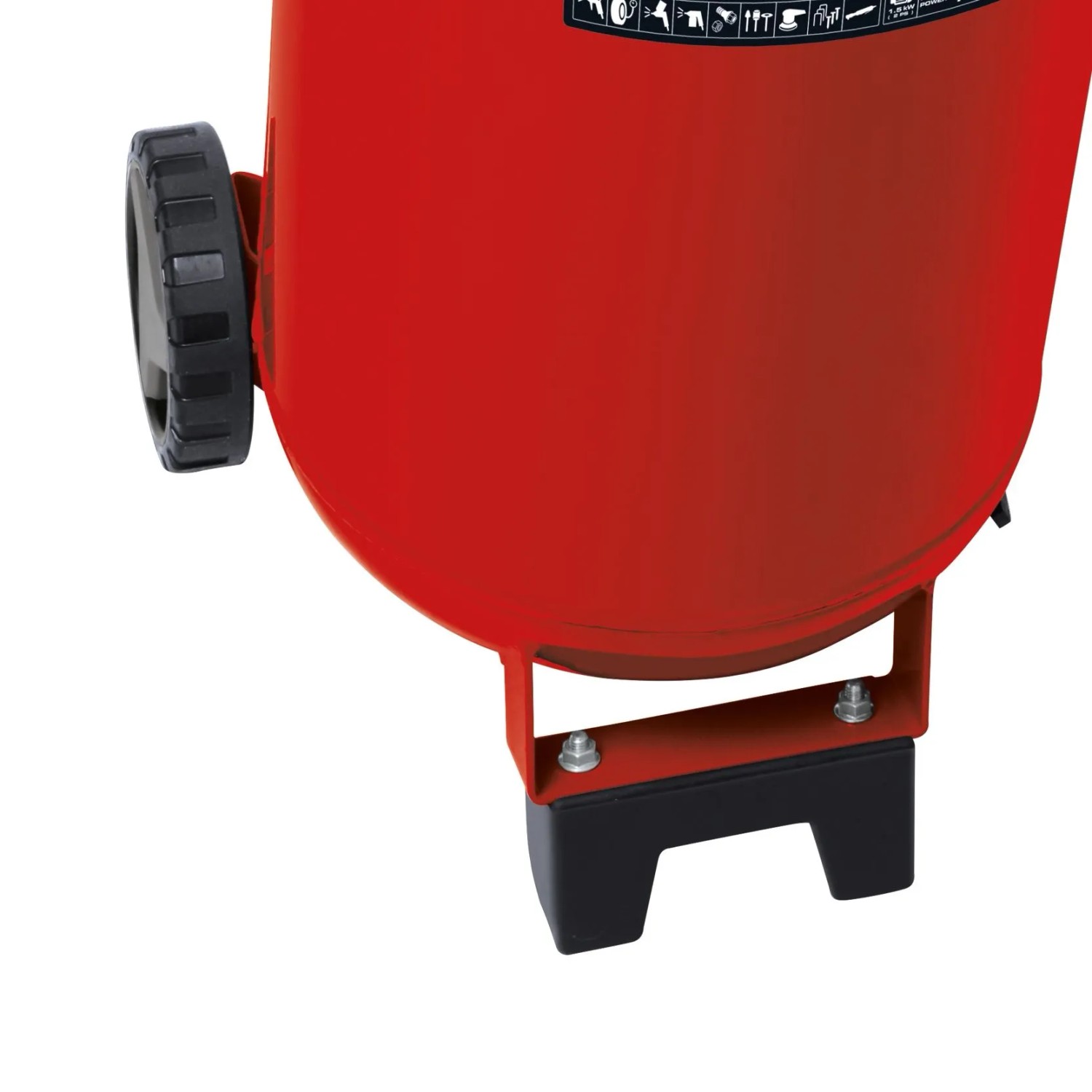 Detailaufnahme: Roter Einhell Kompressor TH-AC 240/50/10 OF mit Rad und Standfuß.