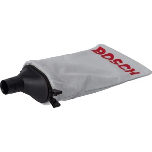 Bosch Staubbeutel für Sägen und Schleifer, weißer Stoffbeutel mit rotem Logo und schwarzem Adapter.