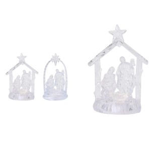 Transparentes Acryl Krippen-Set mit LED-Beleuchtung und Stern. Zwei Designs für festliche Weihnachtsdekoration.