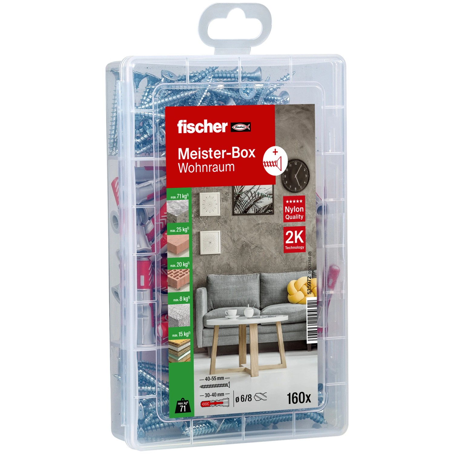 Fischer Meister-Box Wohnraum mit 160 Dübeln und Schrauben in transparenter Kunststoffbox.