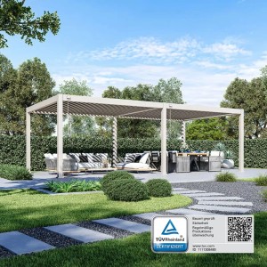 Weide Deluxe Plus Aluminium Terrassenüberdachung 4x8m, Ivory Sand, verstellbare Lamellen, im Garten mit Möbeln.