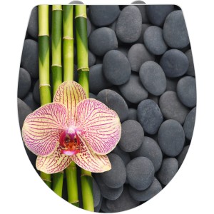 Wenko WC-Sitz Spa mit Acryl-Oberfläche, Bambus, Steinen und Orchidee als Motiv.