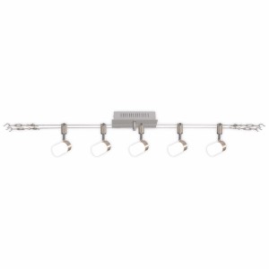 Modernes LED-Seilsystem Tony mit 5 Spots in Stahl-Blank für flexible Beleuchtung.