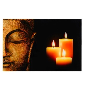 Glasbild mit Buddha-Motiv und Kerzen, 40x60 cm, für Deko und Wohnaccessoires.