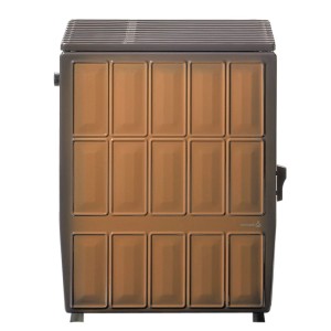 Wamsler KS 109 Kaminofen in Maron mit Stahlverkleidung und Schamotte-Brennraumauskleidung.