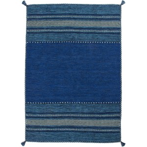 Blauer Wollteppich Morena 445, 120x170 cm, handgewebt mit Ethno-Muster und Fransen.