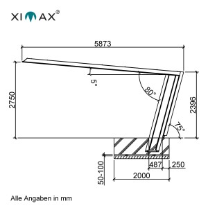 Technische Zeichnung Ximax Flachdach-Carport My-Port 7 Typ 3259 mit Maßangaben.